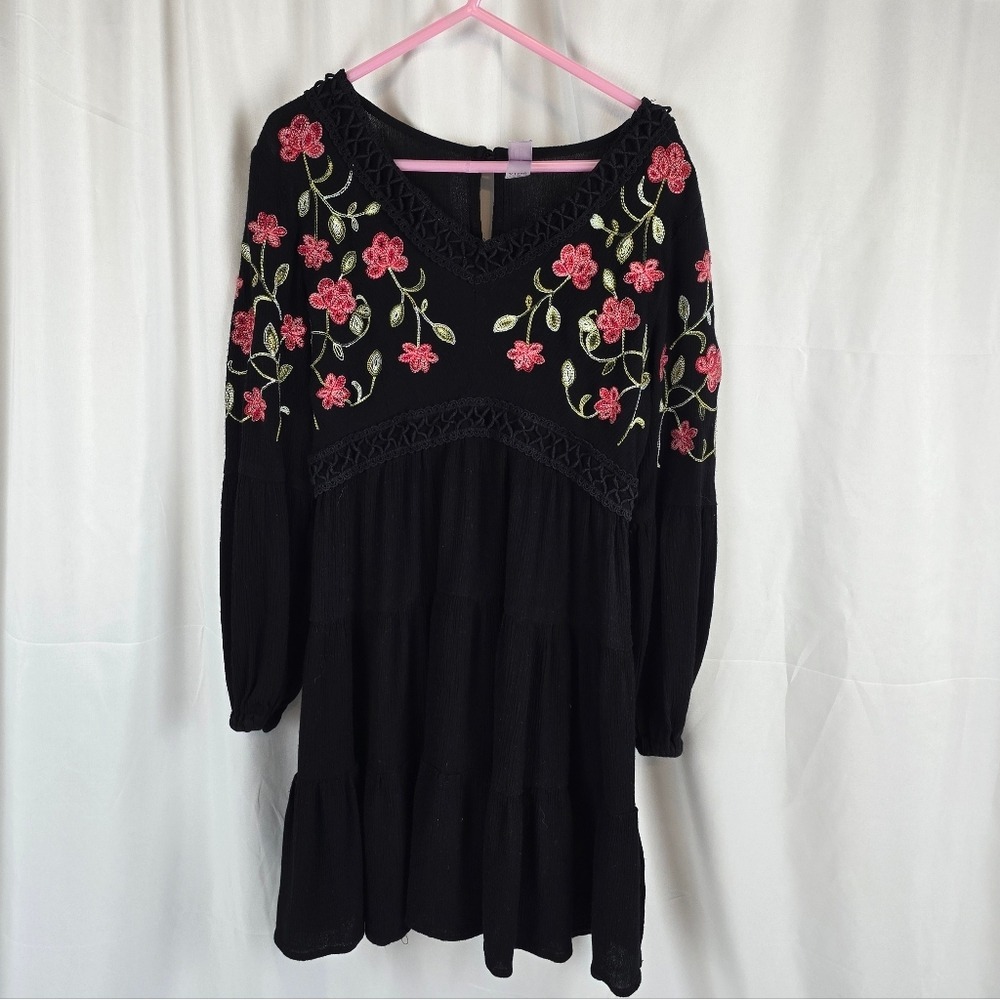 Francesca's Franki Sweetheart Black Floral Embroidered Babydoll Dress Girls YTH8